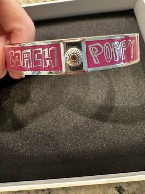 Coach Poppy Silver and Pink Enamel Logo Bangle Bracelet